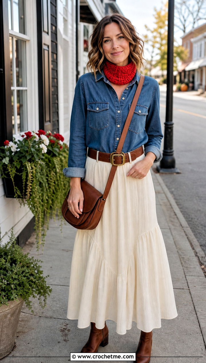 Skinny Neck Warmer Crocheted Cowl With Denim Shirt And Maxi Skirt - 25 Crocheted Cowl outfit ideas