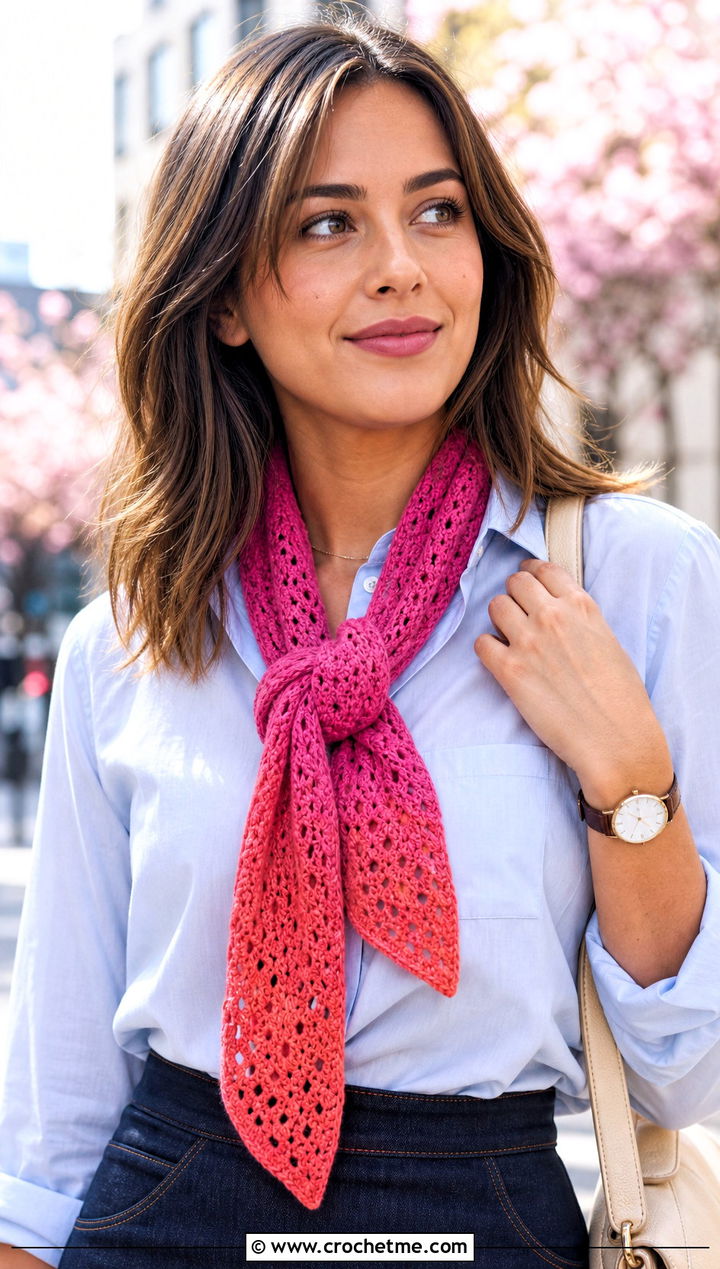 Skinny Ombre Crochet Scarf With Button Down Shirt - 25 Ombre Crochet Scarf outfit ideas