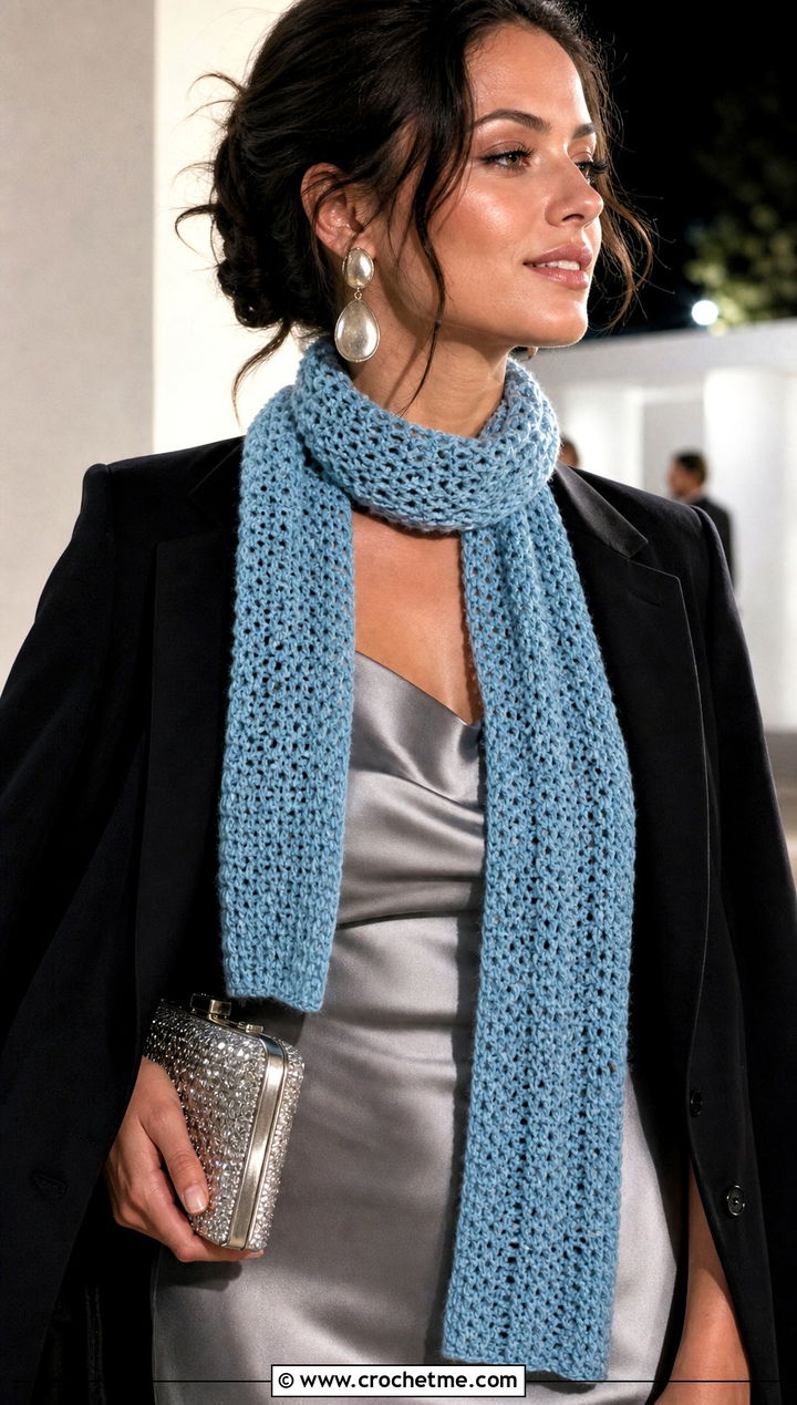 Skinny One Row Repeat Crochet Scarf With Slip Dress - 20 one row repeat crochet scarf outfit ideas