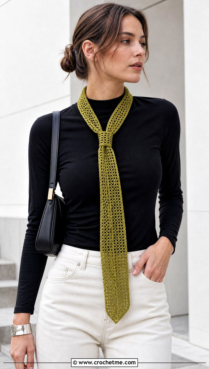 Skinny Openwork Crochet Scarf With Minimalist Outfit - 15 openwork crochet scarf outfit ideas