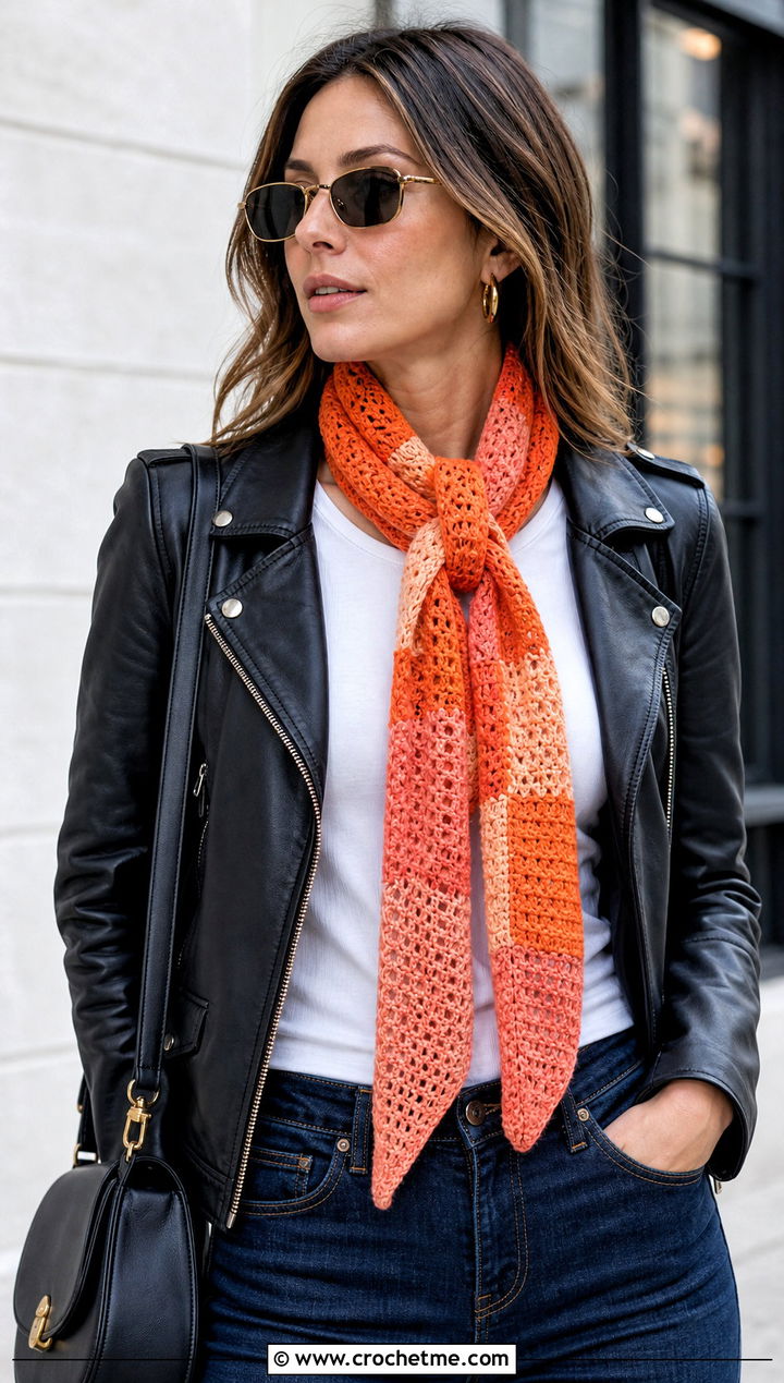 Skinny Patchwork Crochet Scarf With Leather Jacket and Jeans - 15 Patchwork Crochet Scarf outfit ideas