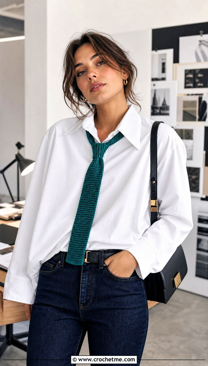 Skinny Pencil Crochet Scarf With White Shirt - 30 Pencil Crochet Scarf outfit ideas