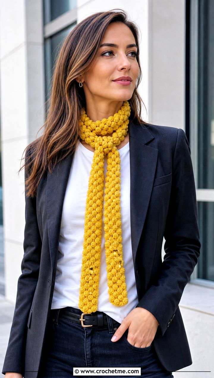 Skinny Popcorn Crochet Scarf With Blazer And Jeans - 25 Popcorn Crochet Scarf outfit ideas