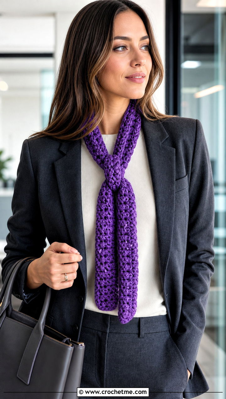 Skinny Puff Stitch Scarf With Blazer And Trousers - 15 Playful Puffs Crochet Scarf outfit ideas