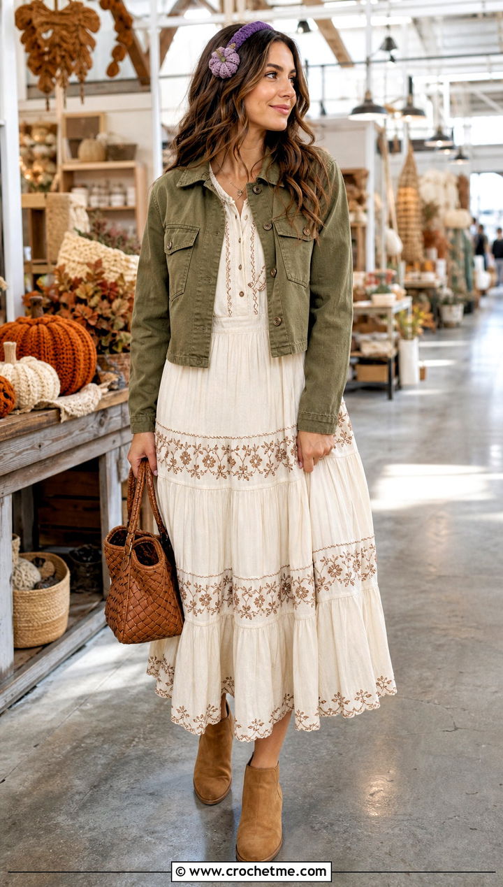 Skinny Pumpkin Hairband With Boho Dress - 35 crochet pumpkin headband outfit ideas