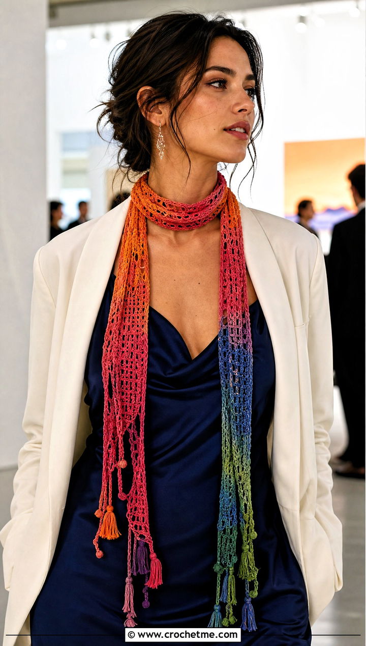 Skinny Rainbow Scarf With Slip Dress And Blazer - 15 Crochet Rainbow Scarf outfit ideas