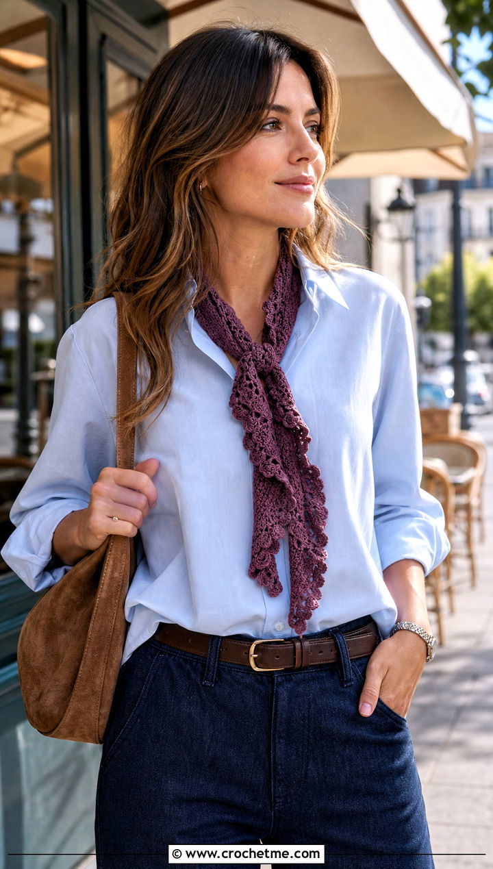 Skinny Ruffle Scarf With Button Down And Wide Leg Jeans - 30 crochet ruffle scarf outfit ideas