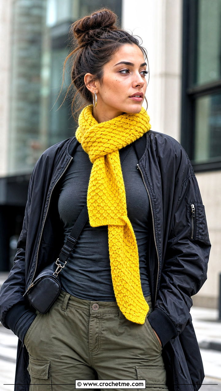 Skinny Scale Stitch Natsu Scarf With Cargo Pants - 15 Crochet Natsu Scarf outfit ideas
