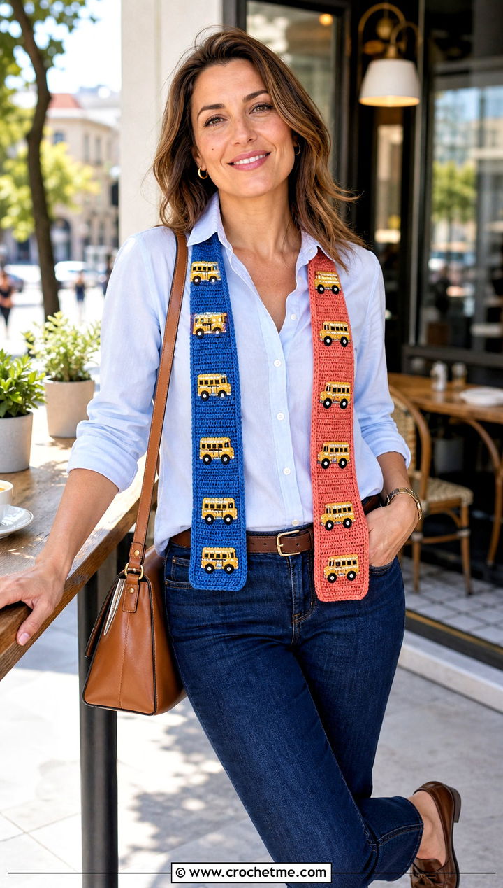 Skinny School Bus Scarf With Button Down And Jeans - 25 Crochet School Bus Scarf outfit ideas