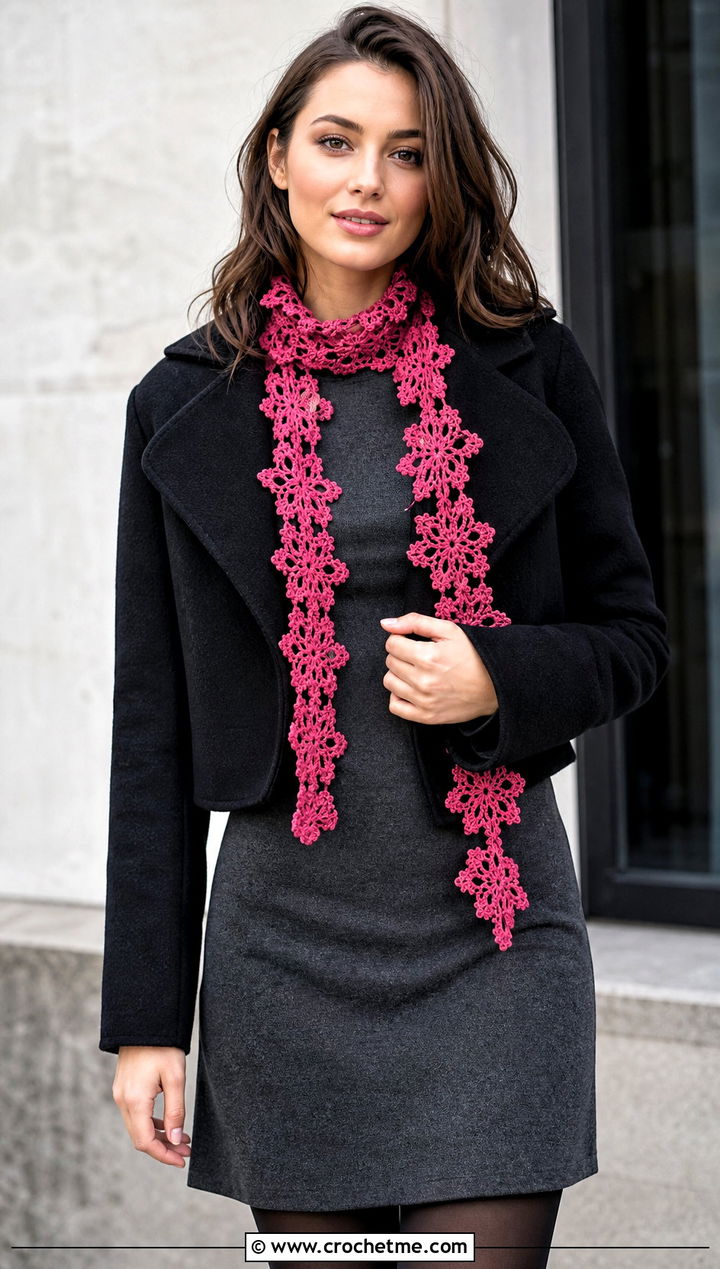 Skinny Snowflake Crochet Scarf With Mini Dress - 25 Snowflake Crochet Scarf outfit ideas