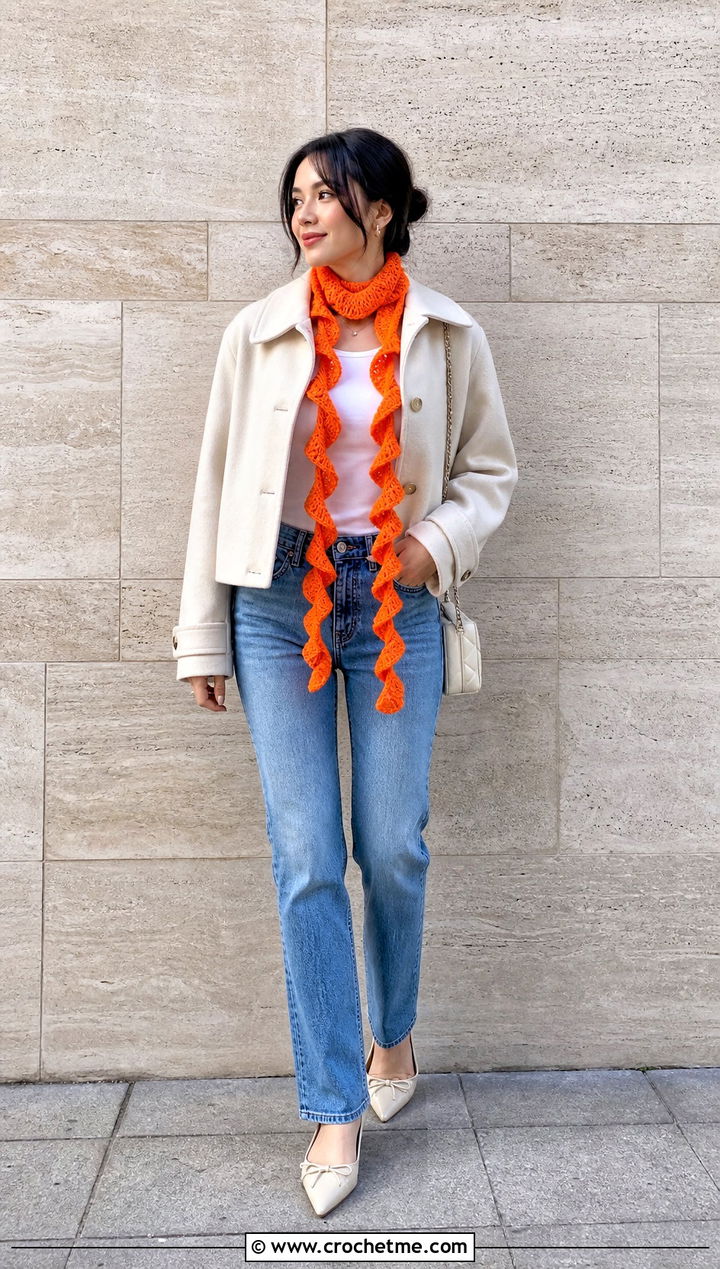 Skinny Spiral Crochet Scarf With Cropped Jacket And High Rise Jeans - 35 small crochet scarf outfit ideas