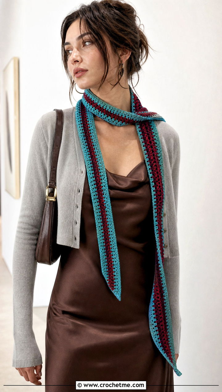 Skinny Stripe Crochet Scarf With Slip Dress - 30 Stripe Crochet Scarf outfit ideas