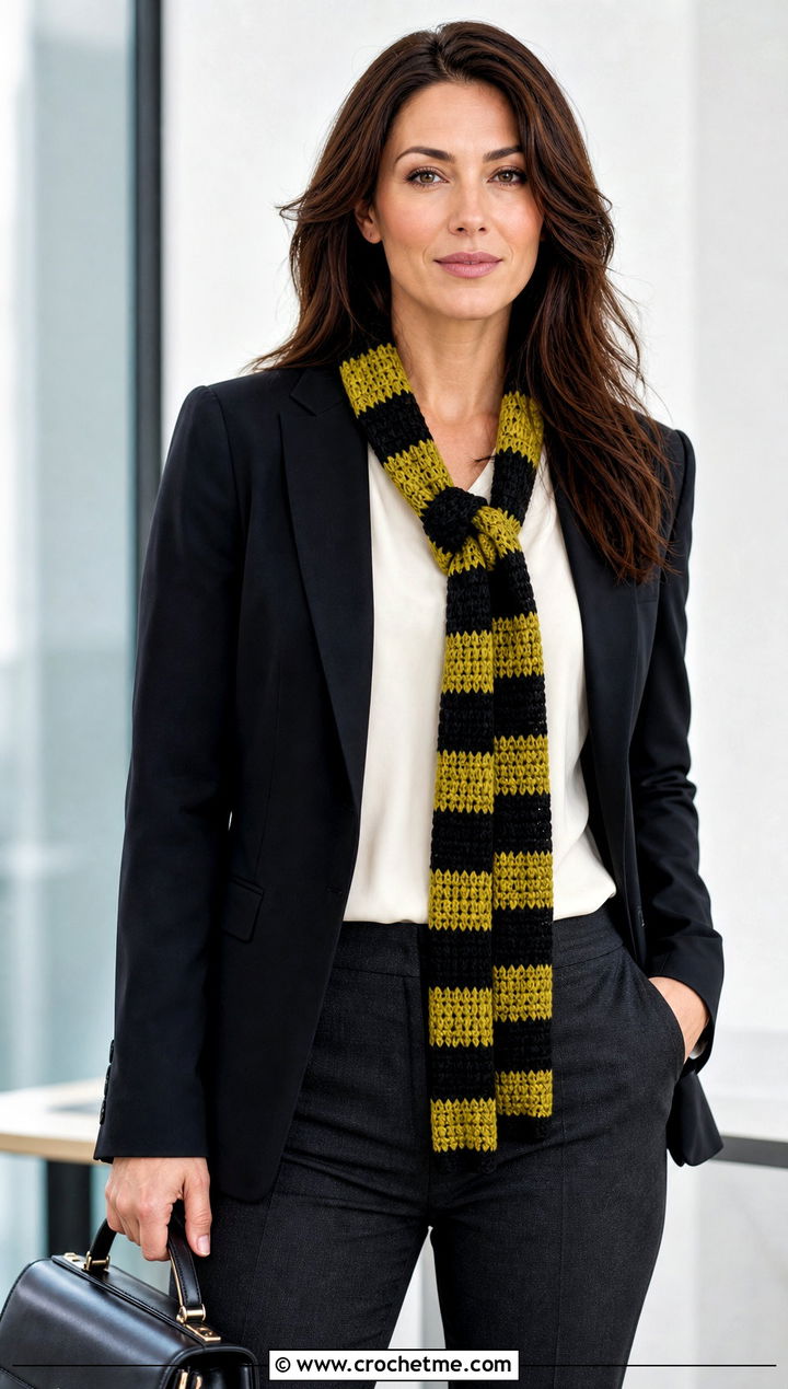 Skinny Striped Crochet Hufflepuff Scarf With Black Blazer - 30 crochet hufflepuff scarf outfit ideas