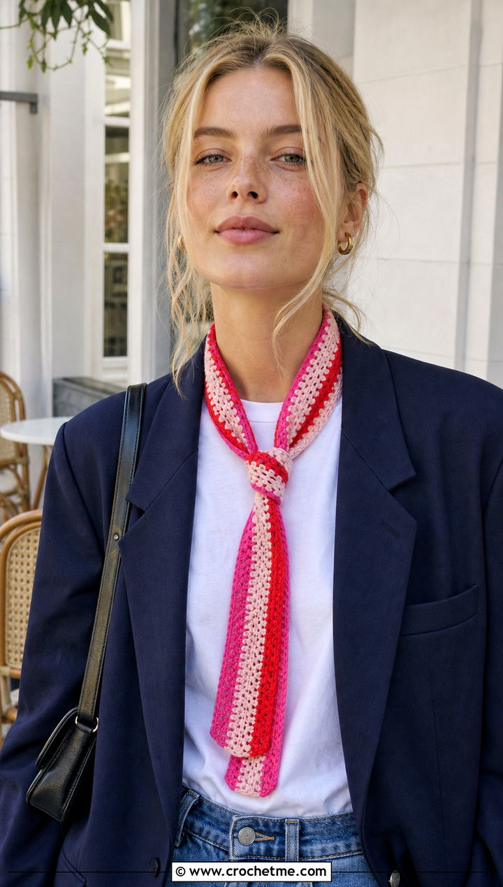 Skinny Striped Crochet Scarf With Blazer And Jeans - 30 striped crochet scarf outfit ideas