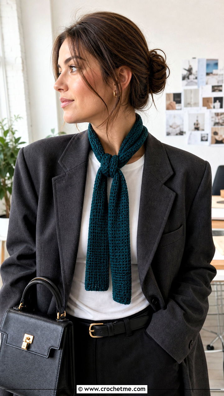 Skinny Thermal Stitch Crochet Scarf With Blazer And Jeans - 20 Thermal Stitch Crochet Scarf outfit ideas