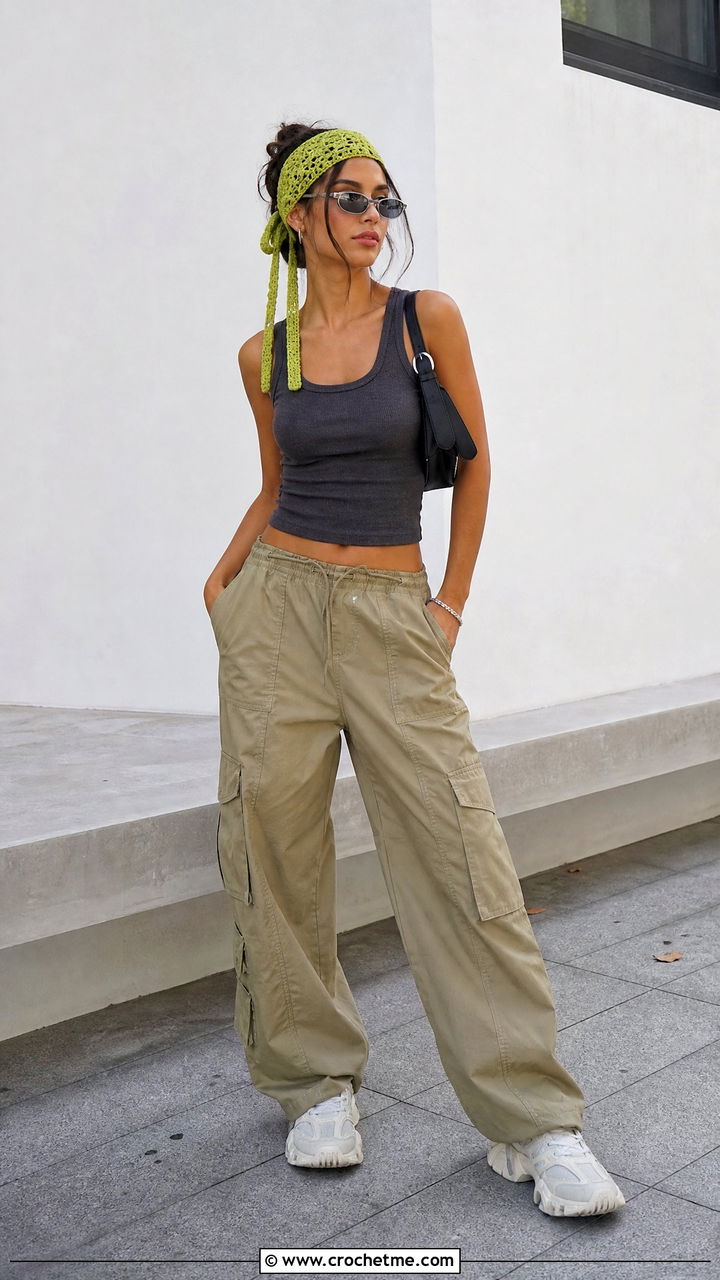 Skinny Tie Back Crochet Headband With Cargo Pants - 35 crochet headbands for women outfit ideas