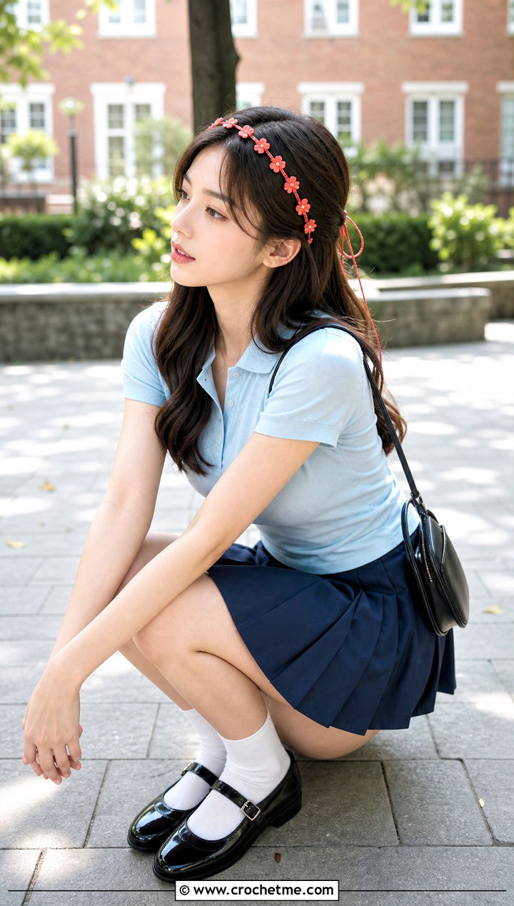 Skinny Tie Back Flower Headband With Polo Top And Pleated Skirt - 15 crochet flower embellished headband outfit ideas