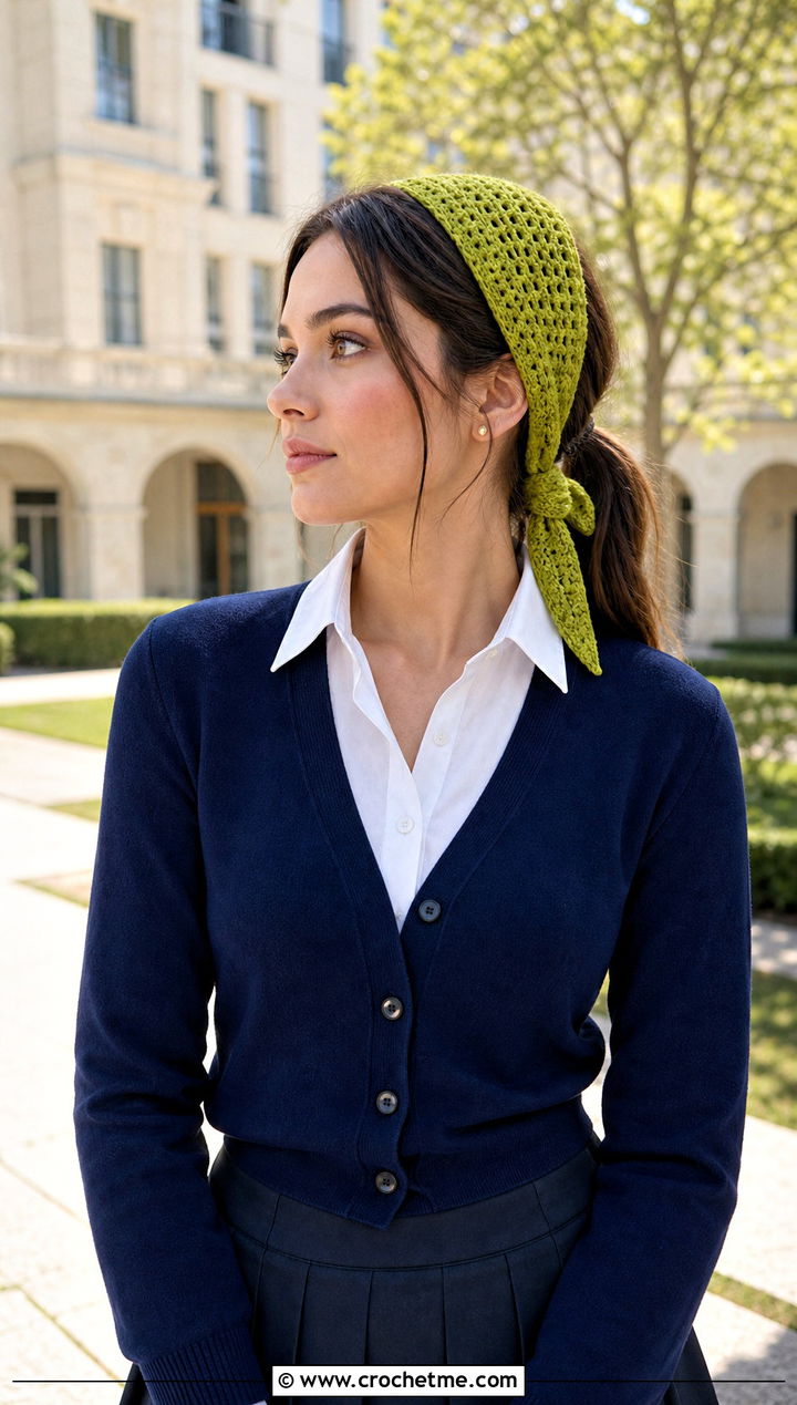 Skinny Tie Crochet Headband With Preppy Cardigan - 30 quick crochet headband outfit ideas