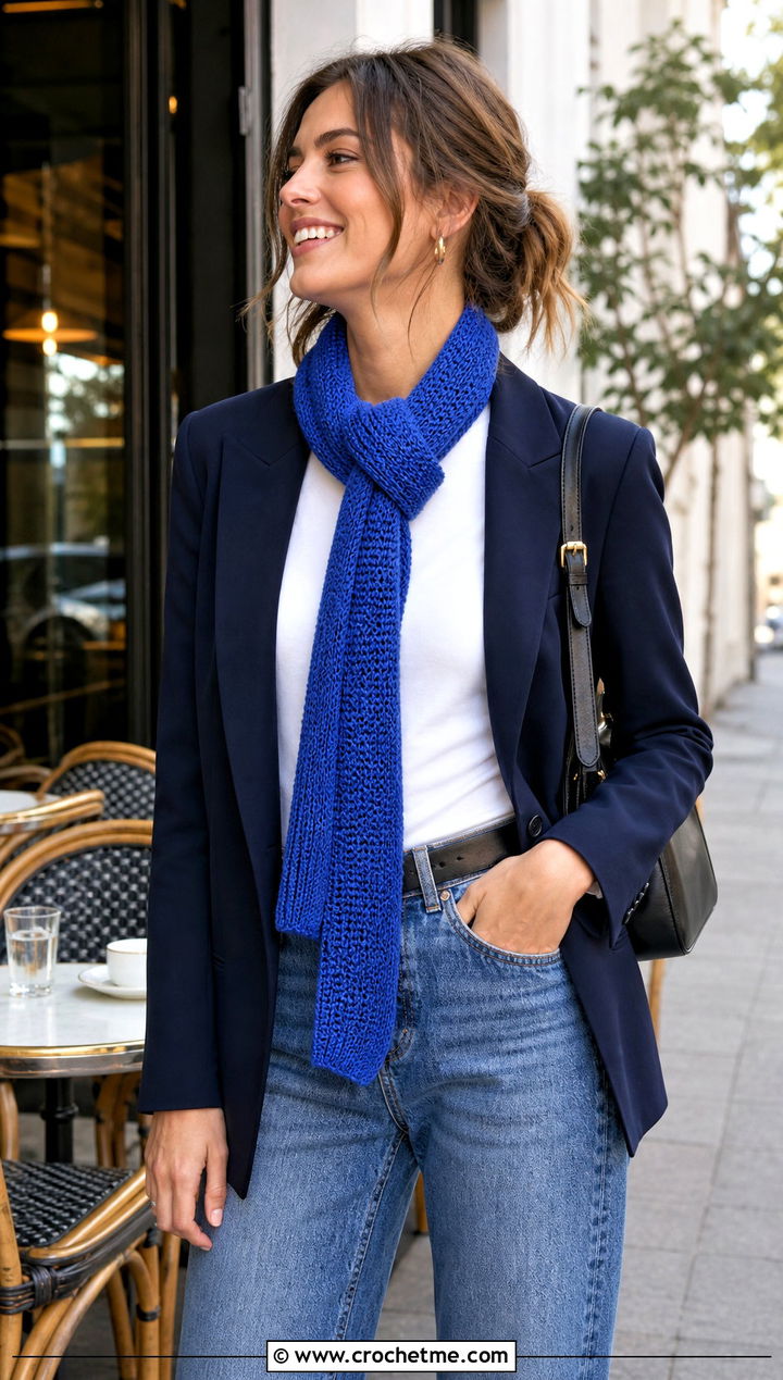 Skinny Tunisian Crochet Scarf With Blazer and Jeans - 20 Easy Tunisian Crochet Scarf outfit ideas