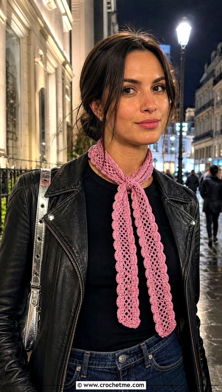 Skinny Velvet Crochet Scarf With Leather Jacket - 25 Velvet Crochet Scarf outfit ideas