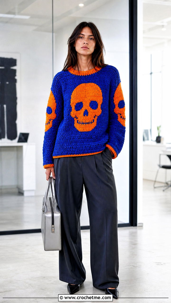 Skull Applique Crochet Sweater With Suit Trousers - 35 crochet skull sweater outfit ideas