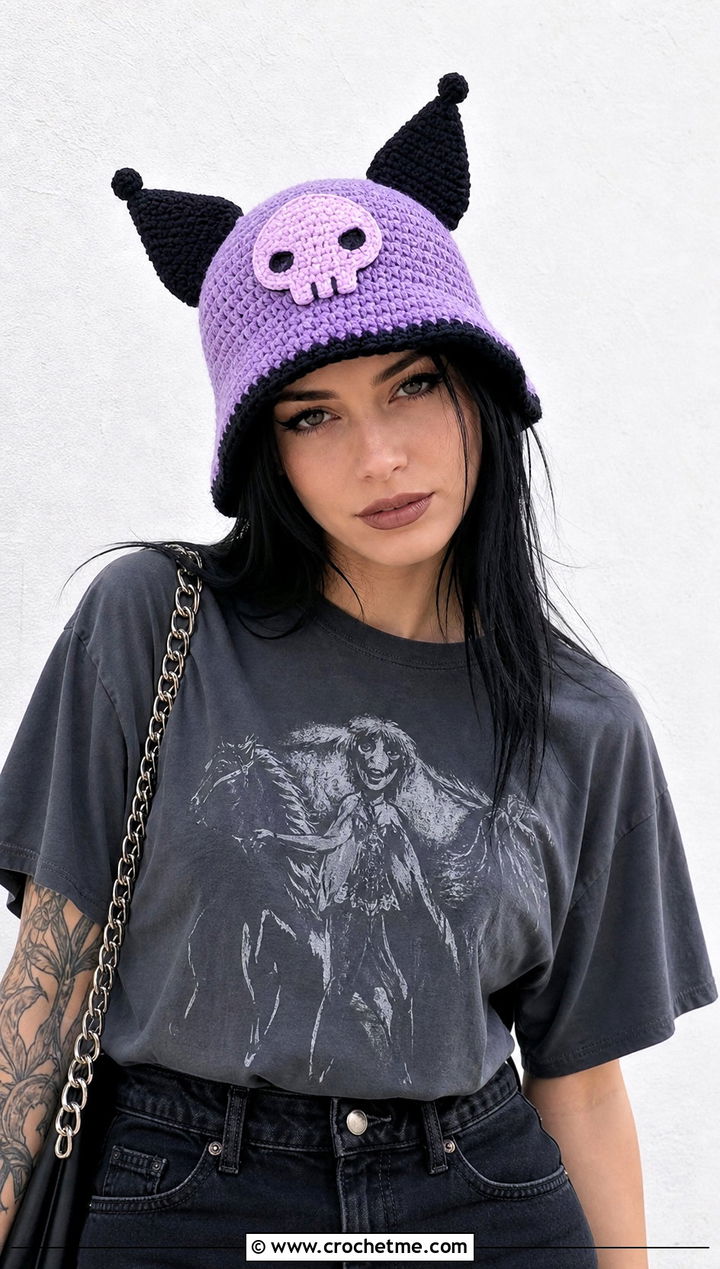 Skull Applique Kuromi Crochet Bucket Hat With Graphic Tee - 15 Kuromi Crochet Bucket Hat outfit ideas