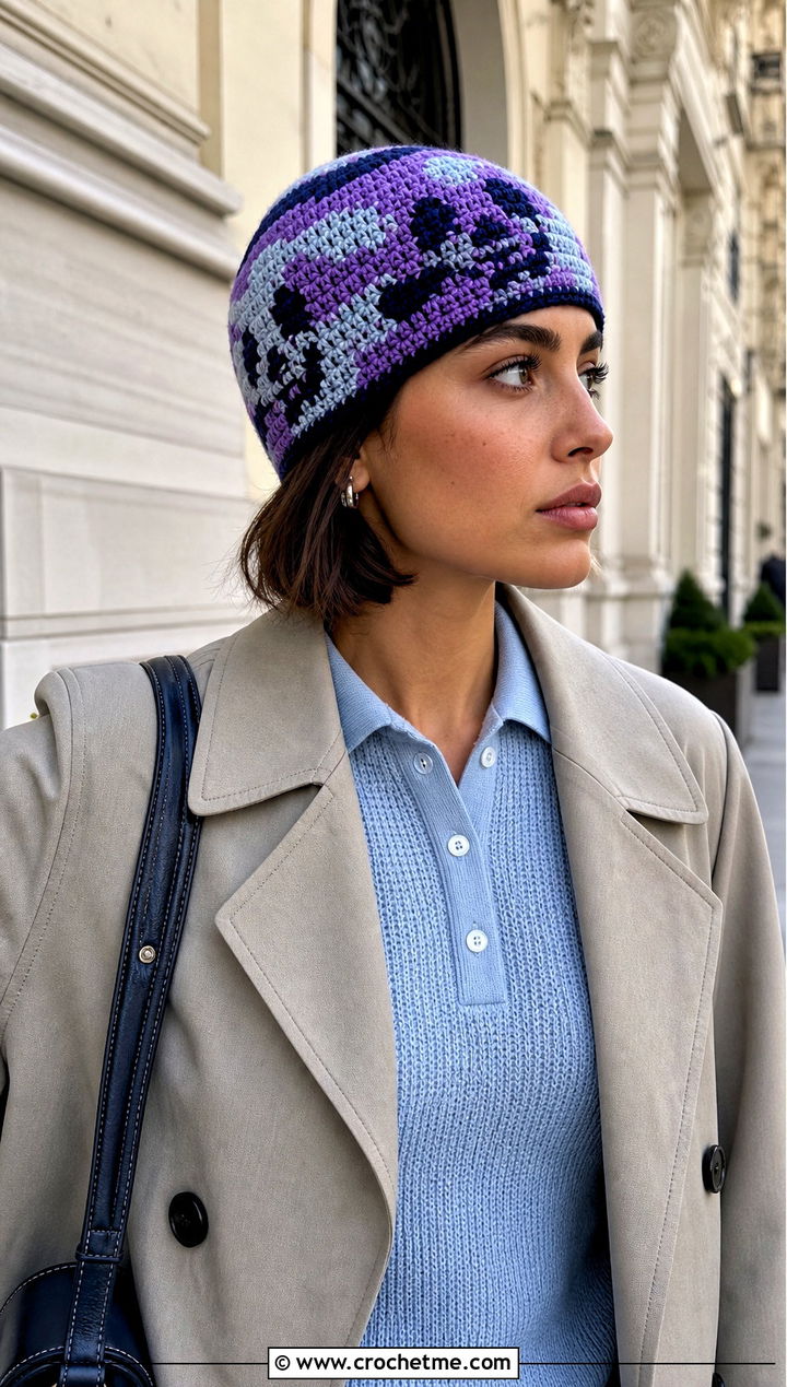 Skull Cap Camo Crochet Beanie With Trench Coat - 20 Camo Beanie Crochet Hat outfit ideas