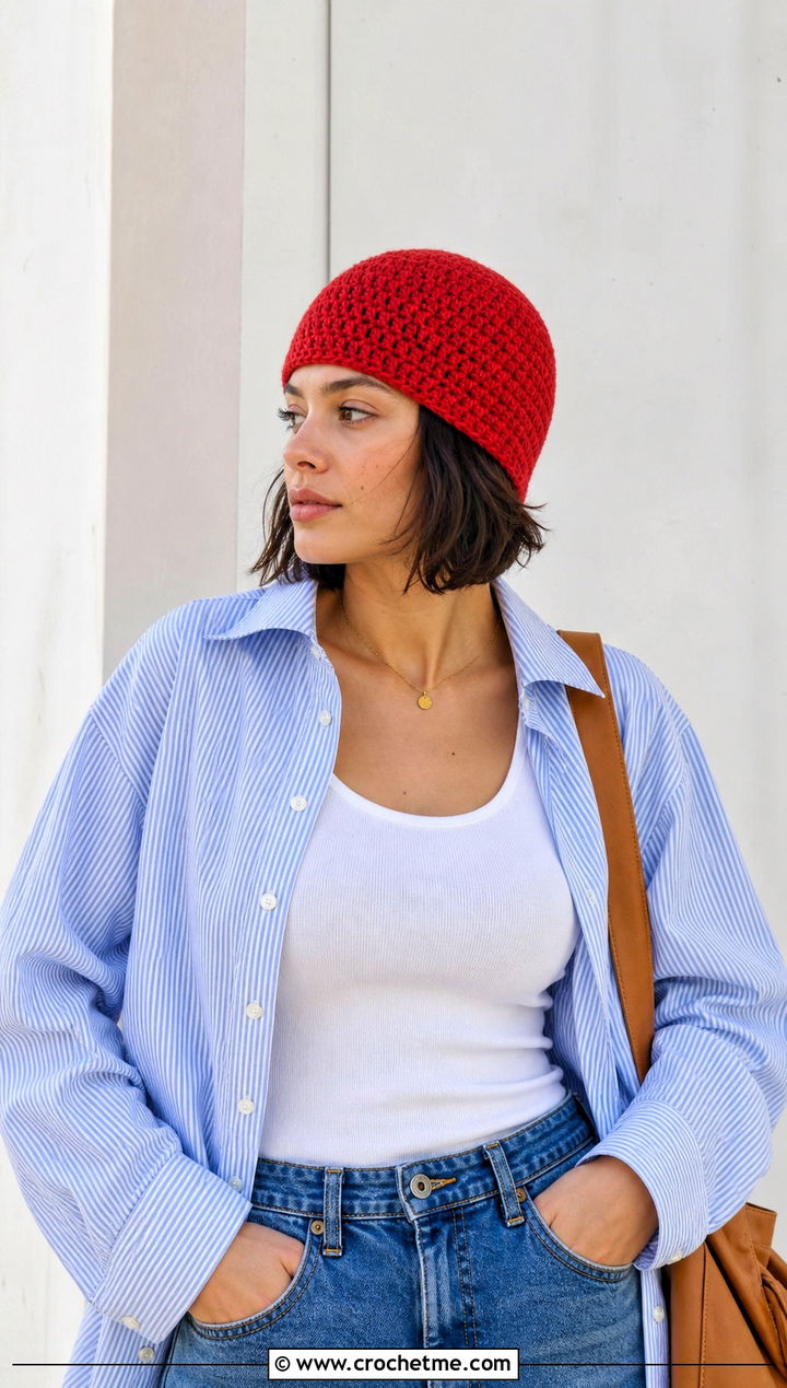 Skull Cap Crochet Beanie With Button Down And Barrel Jeans - 15 Crochet Beanie All Sizes outfit ideas