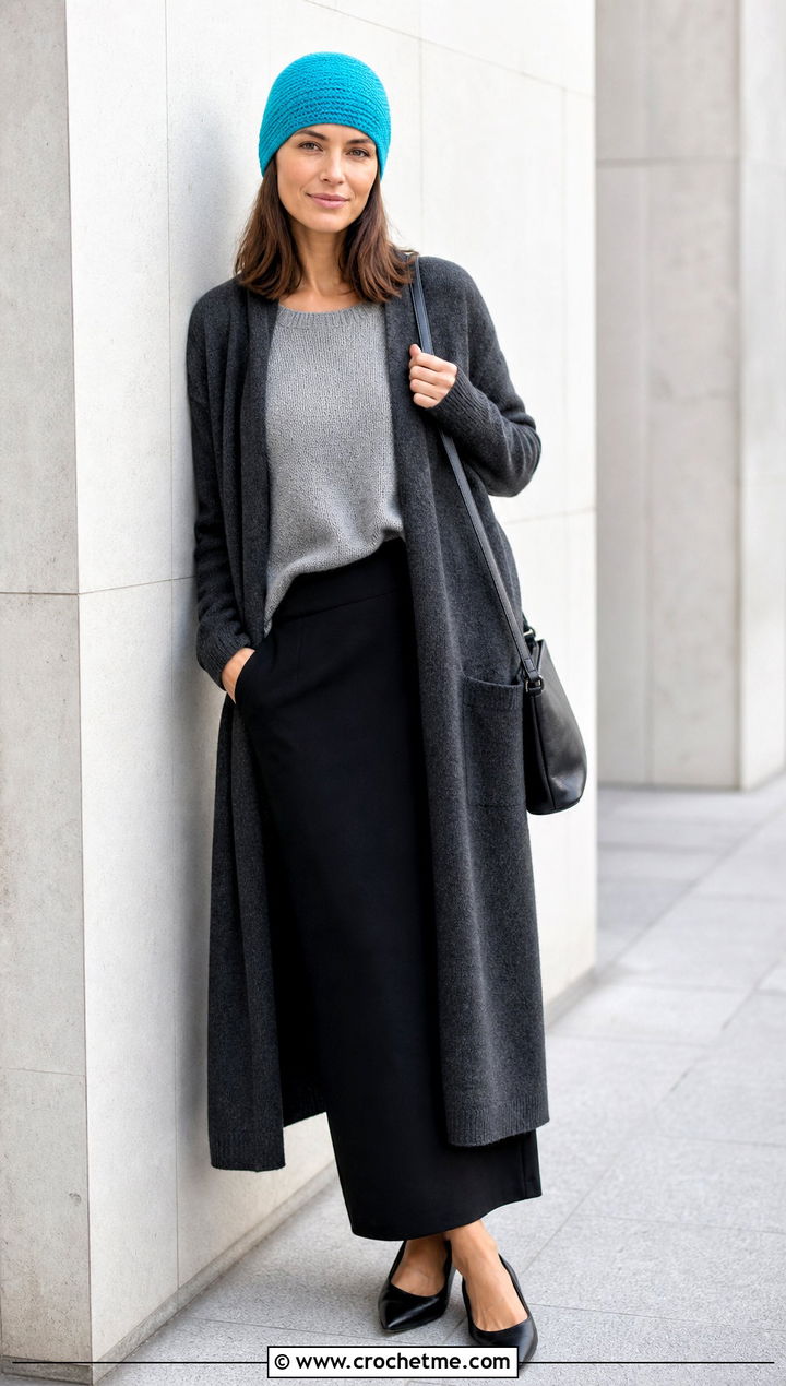 Skull Cap Crochet Beanie With Long Cardigan And Column Skirt - 20 unique crochet beanie outfit ideas
