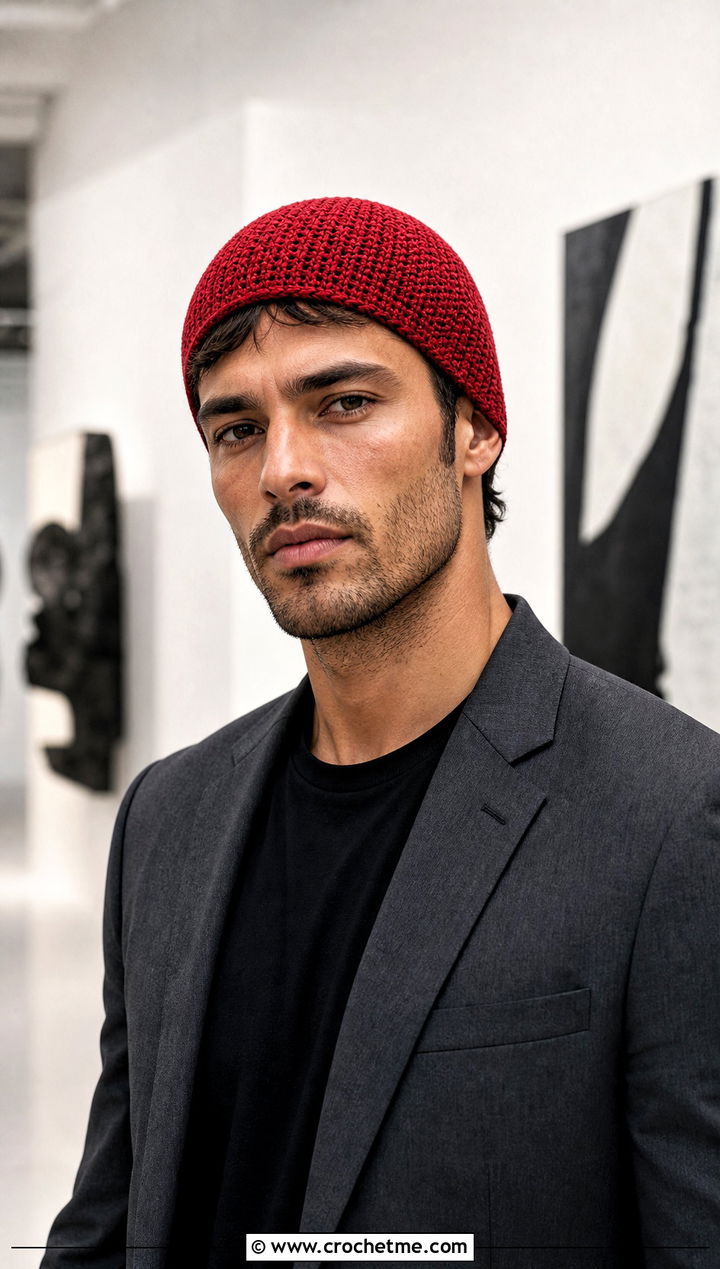 Skull Cap Crochet Beanie With Minimal Suit - 30 mens crochet hats men's beanie outfit ideas