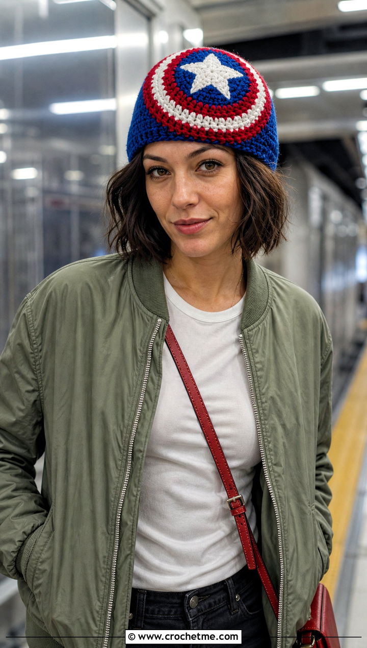 Skull Cap Crochet Captain America Hat With Bomber Jacket - 25 Crochet Captain America Hat outfit ideas