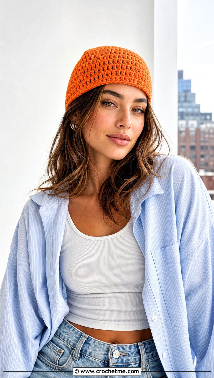 Skull Cap Half Double Crochet Hat With Oversized Shirt And Barrel Jeans - 30 Half Double Crochet Hat outfit ideas