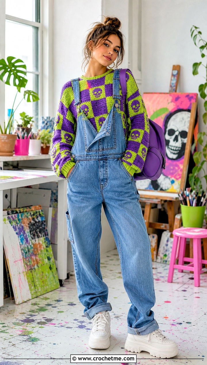 Skull Checkerboard Crochet Sweater With Denim Overalls - 35 crochet skull sweater outfit ideas