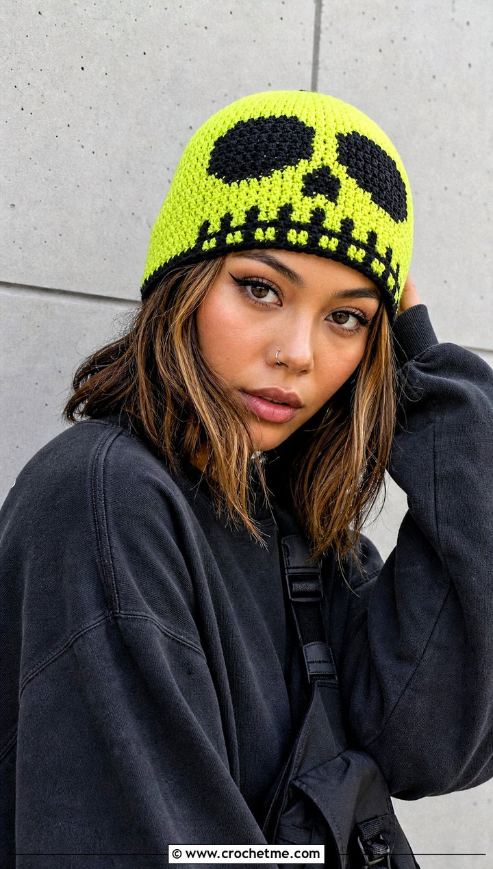 Skull Crochet Beanie With Cargo Pants - 25 Halloween Crochet Beanies outfit ideas