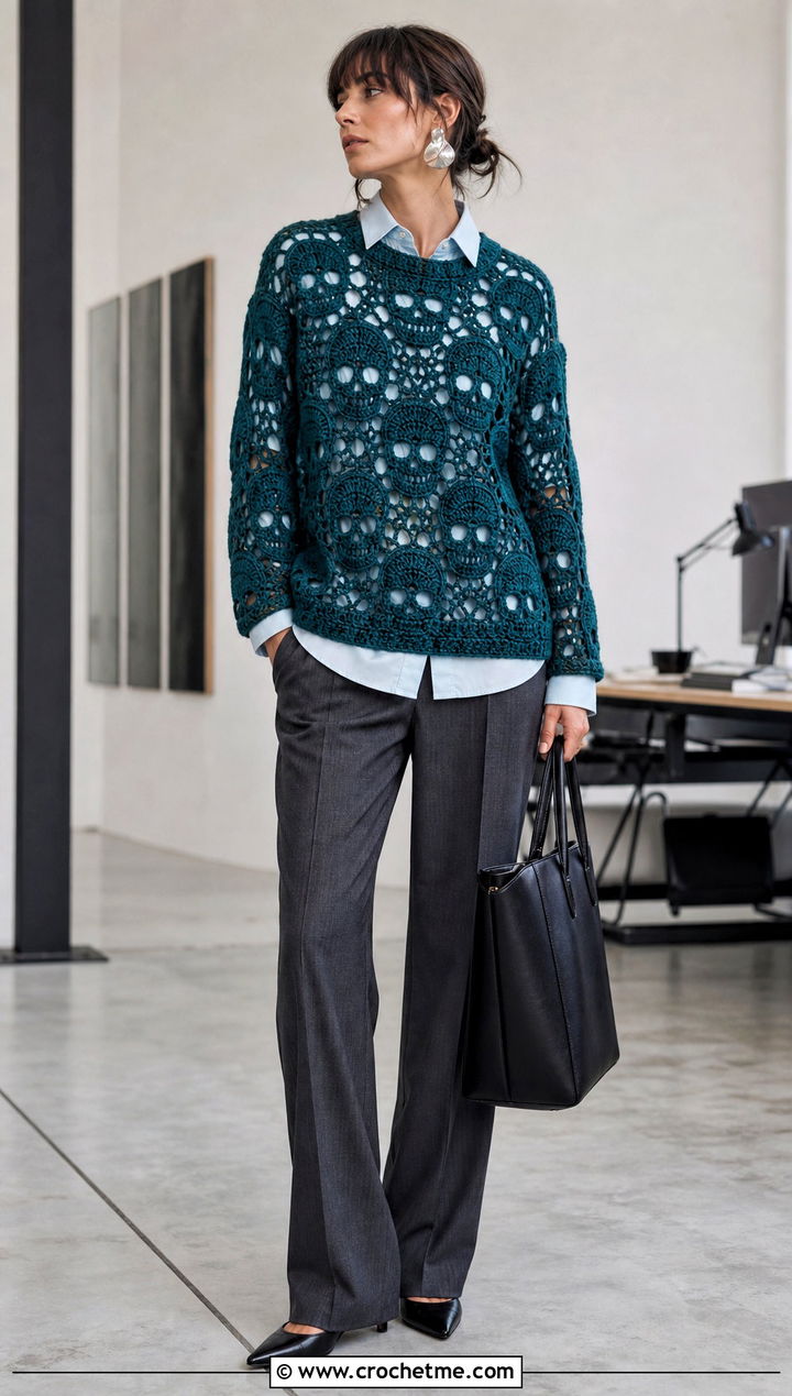 Skull Crochet Halloween Sweater With Tailored Trousers - 35 Crochet Halloween Sweater outfit ideas