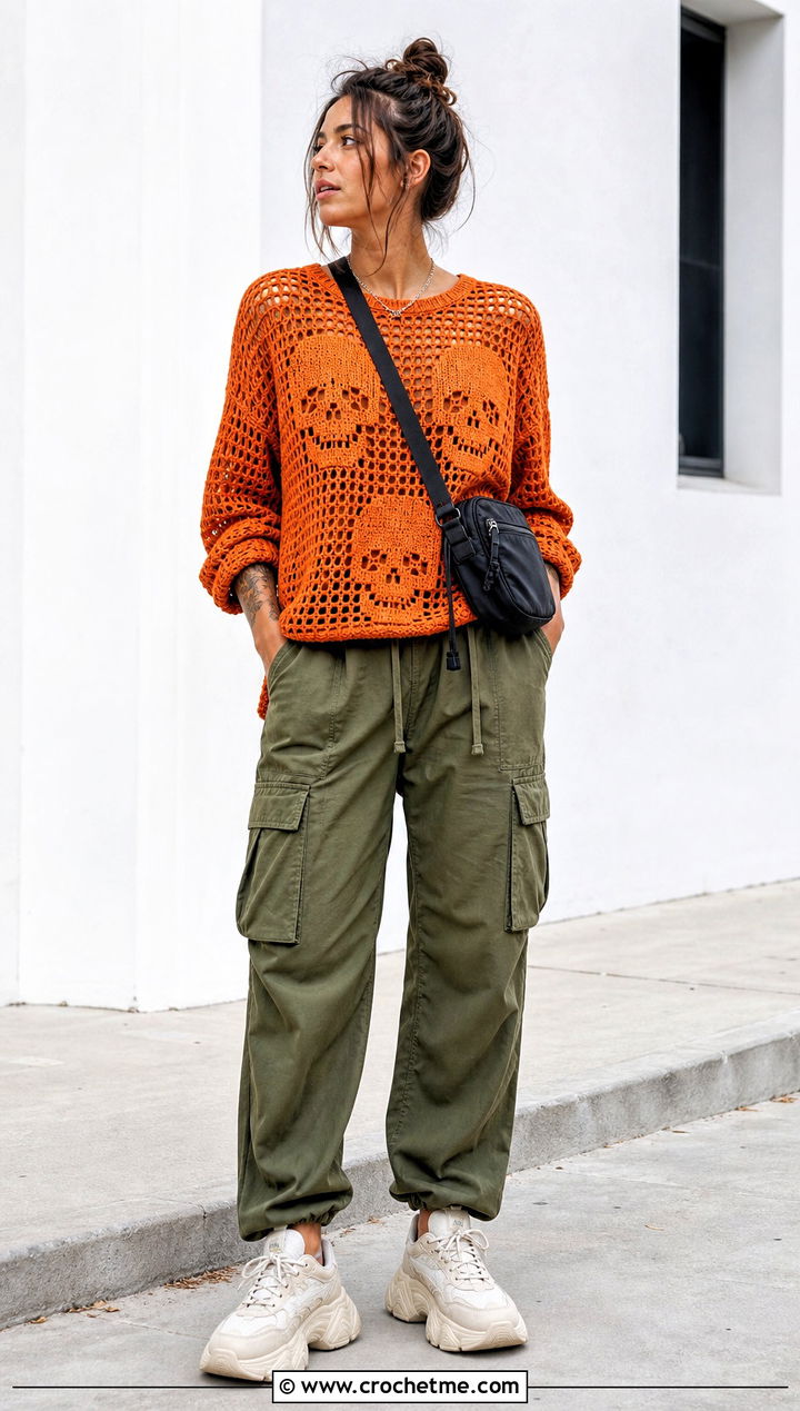Skull Crochet Sweater With Cargo Pants - 20 Crochet Halloween Clothing and outfit ideas