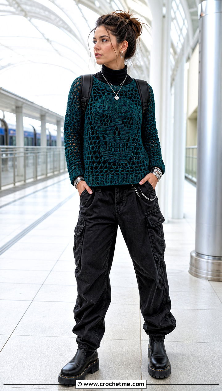 Skull Crochet Sweater With Cargo Pants - 25 gothic crochet clothes and outfit ideas
