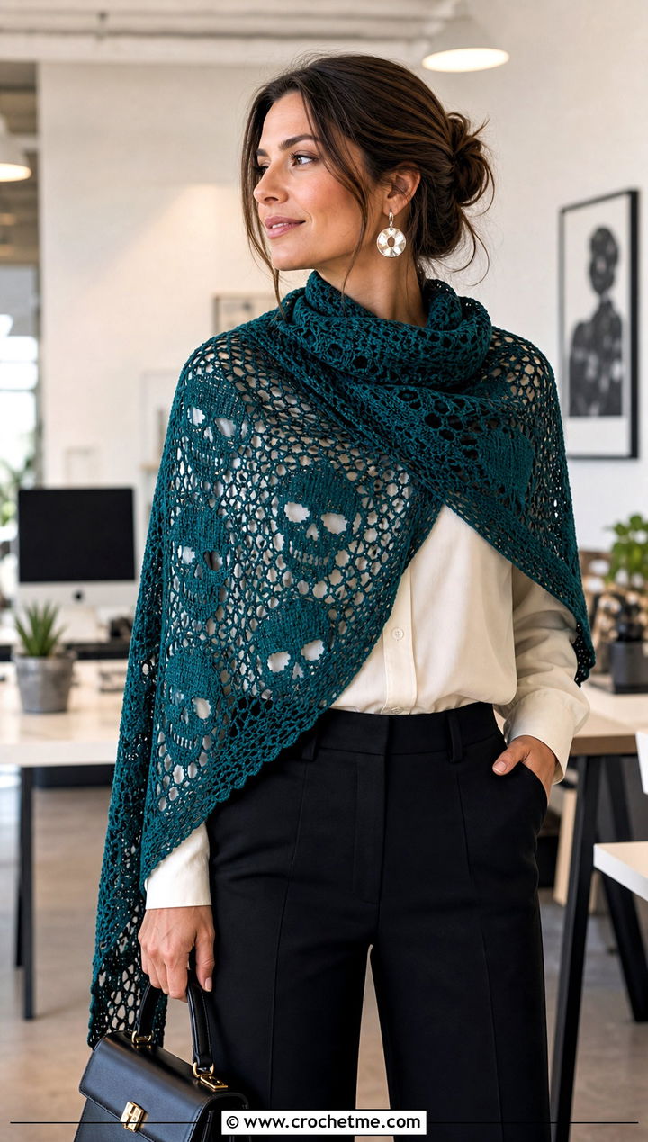 Skull Filet Crochet Halloween Shawl With Tailored Pants - 20 Crochet Halloween Shawl outfit ideas