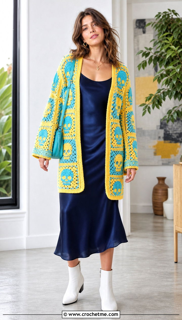 Skull Granny Square Cardigan Sweater With Slip Dress - 35 crochet skull sweater outfit ideas