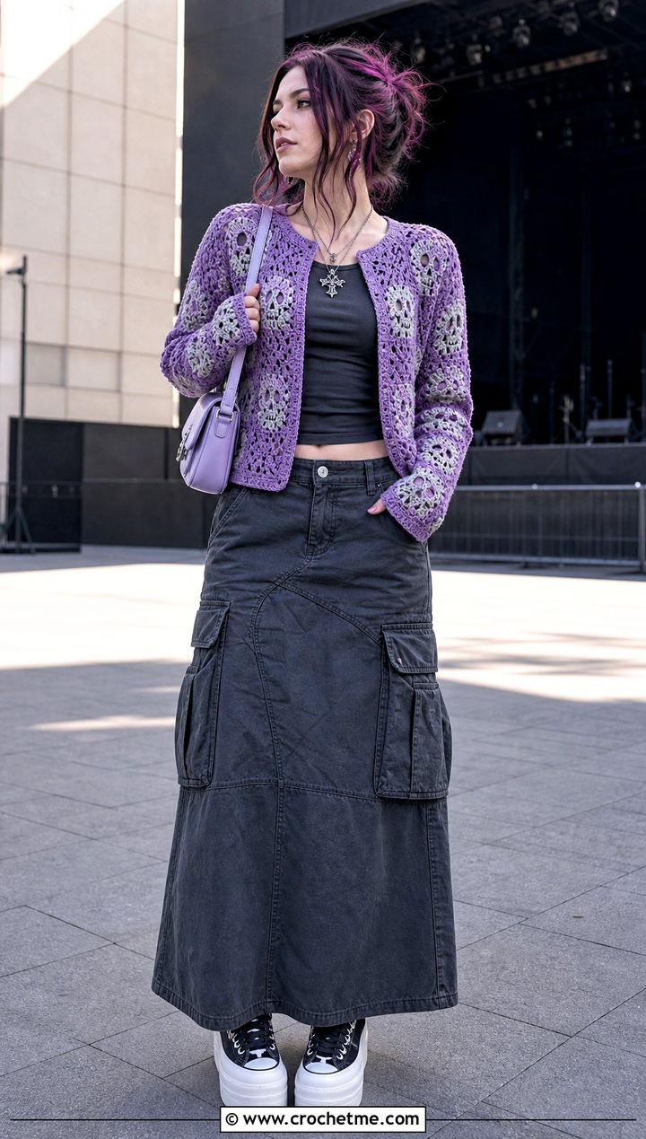 Skull Granny Square Cardigan With Cargo Maxi Skirt - 30 skull granny square cardigan outfit ideas