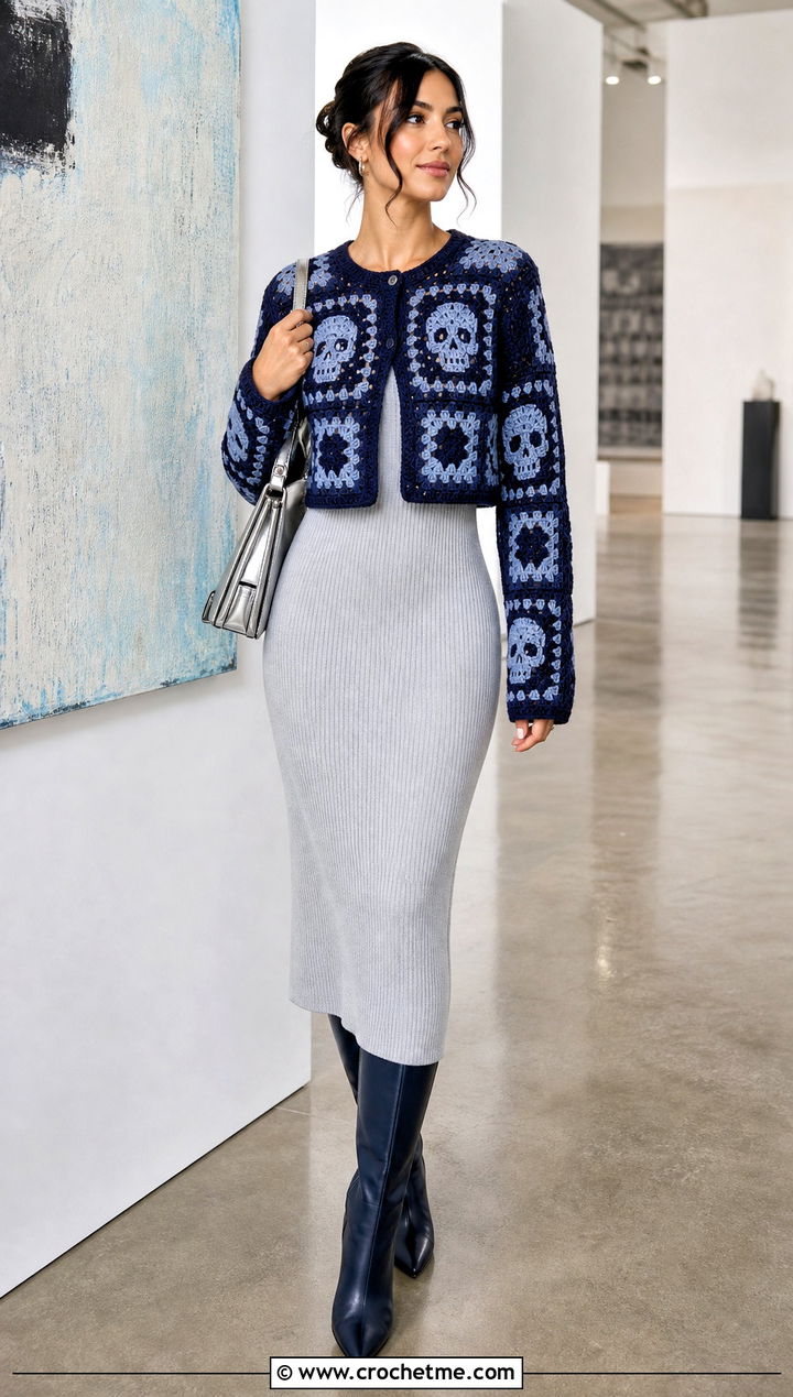 Skull Granny Square Cardigan With Column Dress - 30 skull granny square cardigan outfit ideas