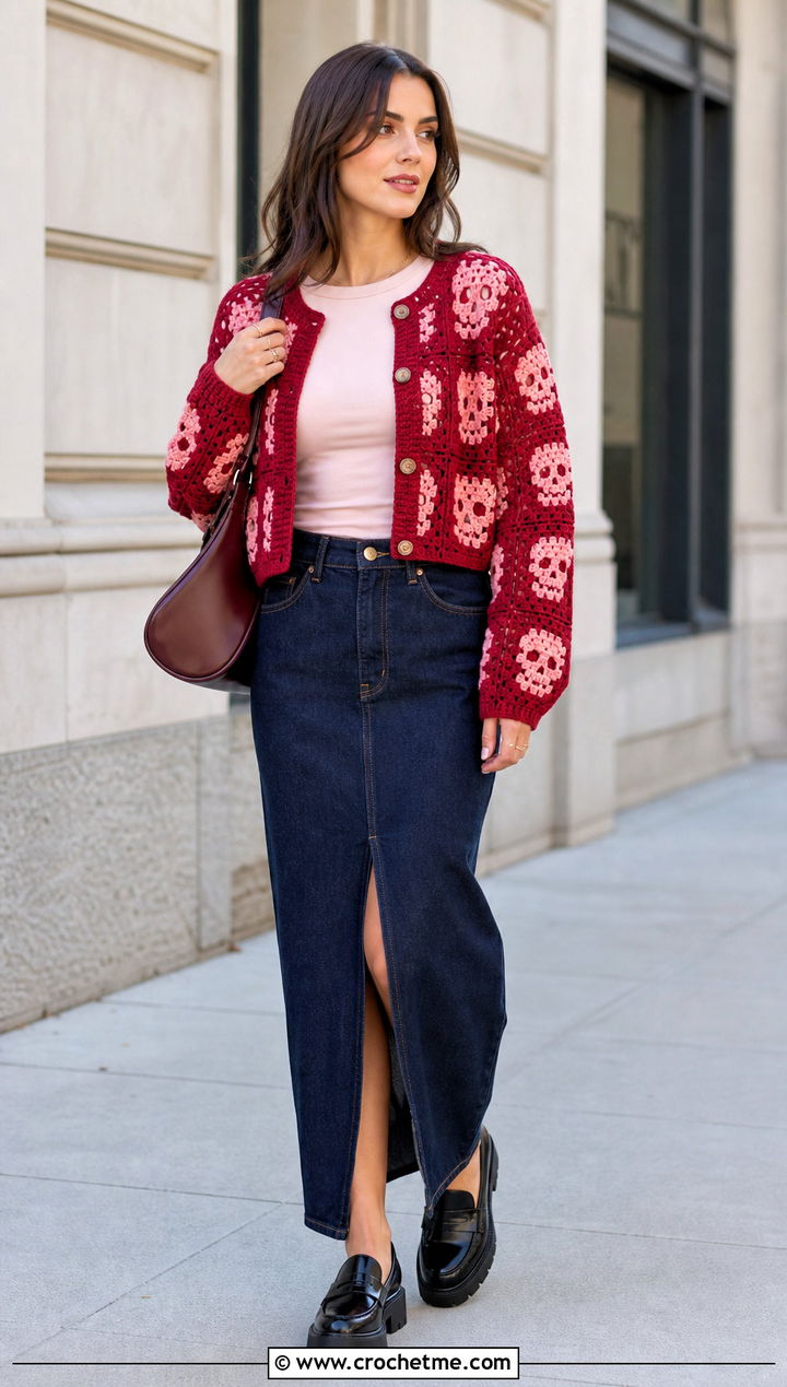 Skull Granny Square Cardigan With Denim Maxi Skirt - 30 skull granny square cardigan outfit ideas