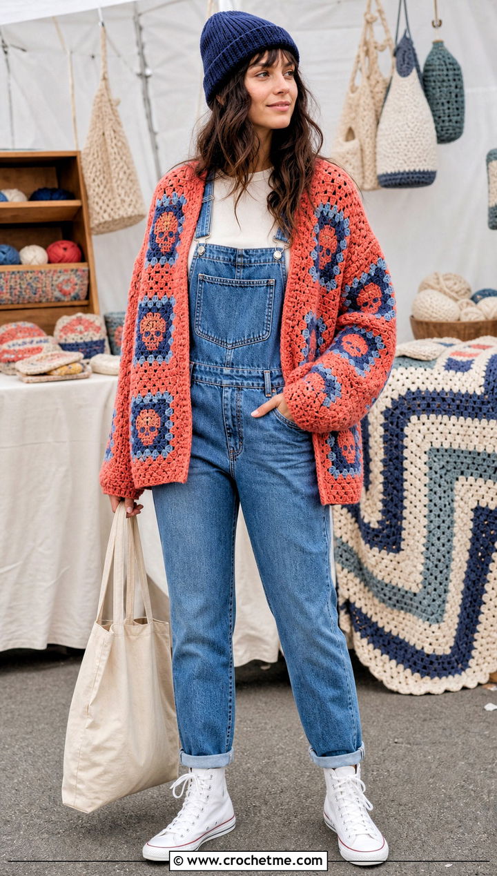 Skull Granny Square Cardigan With Denim Overalls - 30 skull granny square cardigan outfit ideas