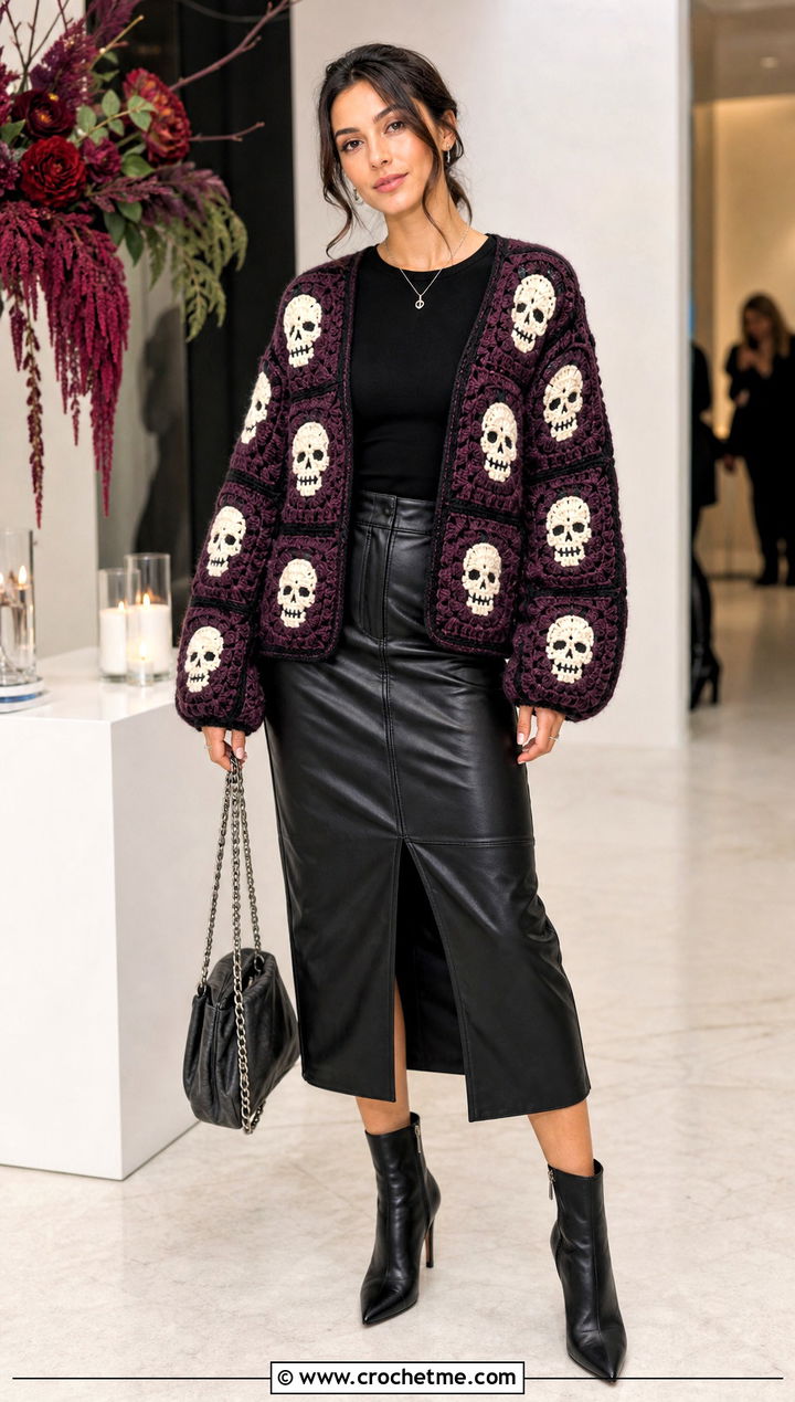 Skull Granny Square Cardigan With Leather Midi Skirt - 35 halloween crochet clothes and outfit ideas