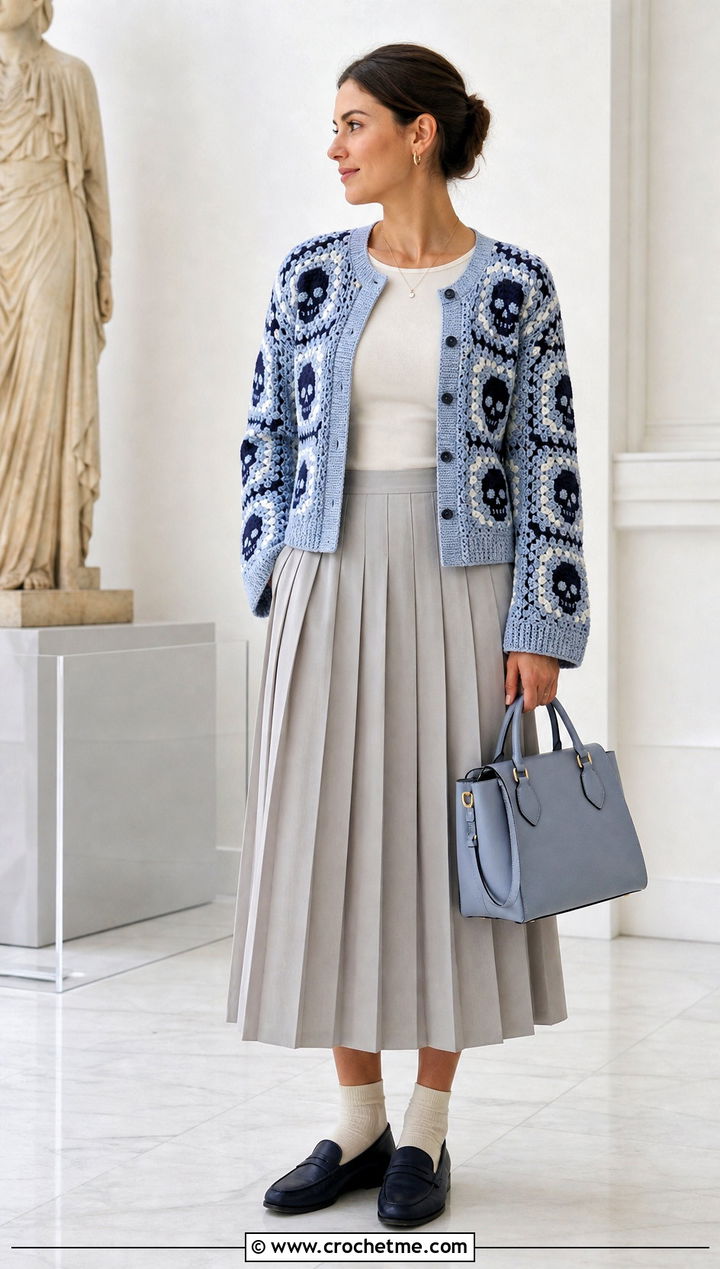 Skull Granny Square Cardigan With Pleated Midi Skirt - 30 skull granny square cardigan outfit ideas