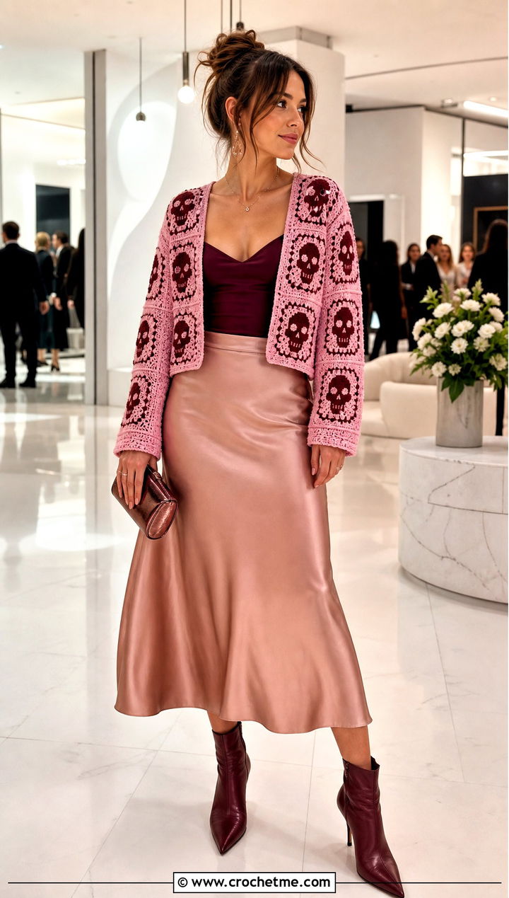 Skull Granny Square Cardigan With Satin Midi Skirt - 30 skull granny square cardigan outfit ideas