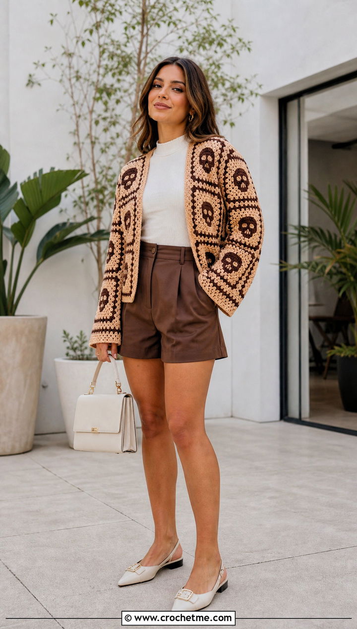 Skull Granny Square Cardigan With Tailored Shorts - 30 skull granny square cardigan outfit ideas