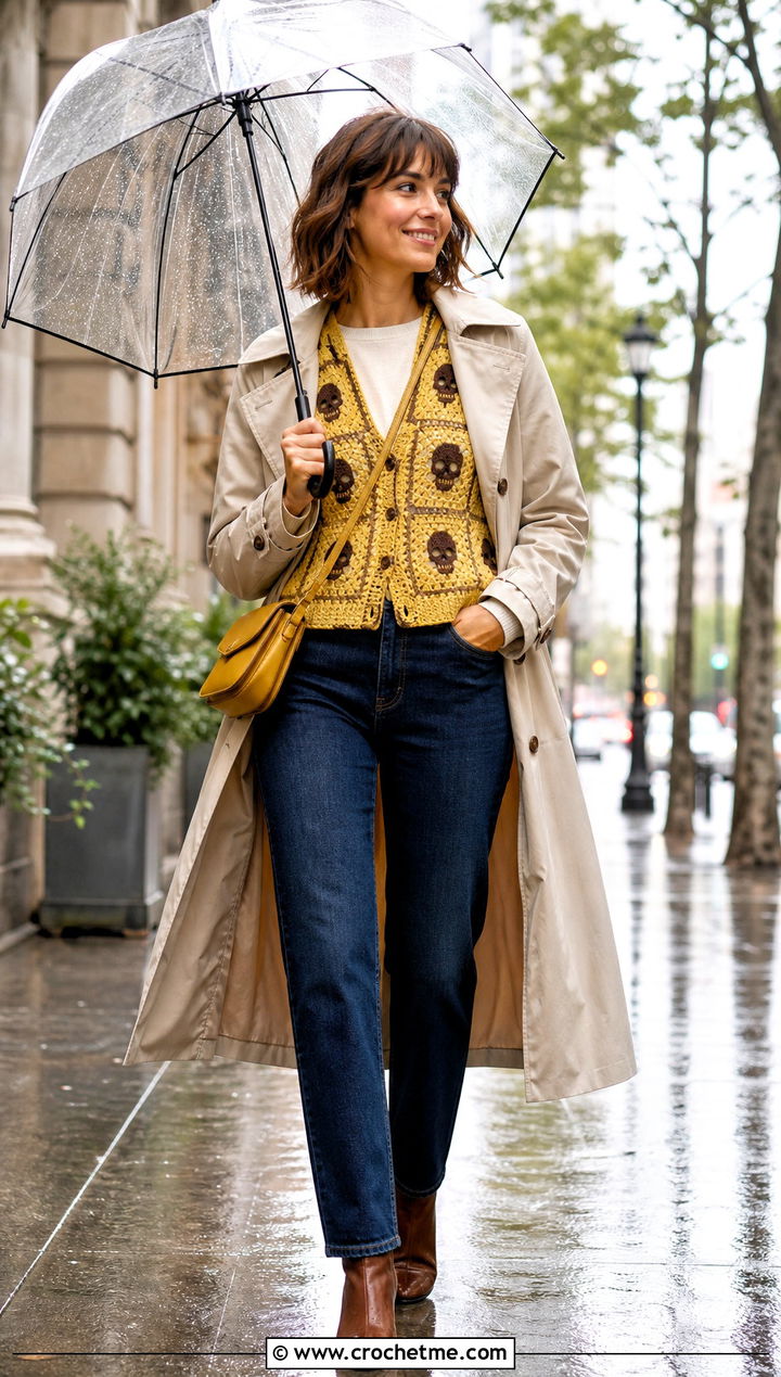 Skull Granny Square Cardigan With Trench Coat - 30 skull granny square cardigan outfit ideas