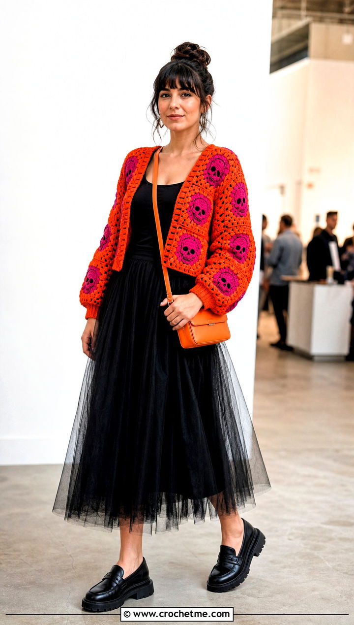 Skull Granny Square Cardigan With Tulle Midi Skirt - 30 skull granny square cardigan outfit ideas