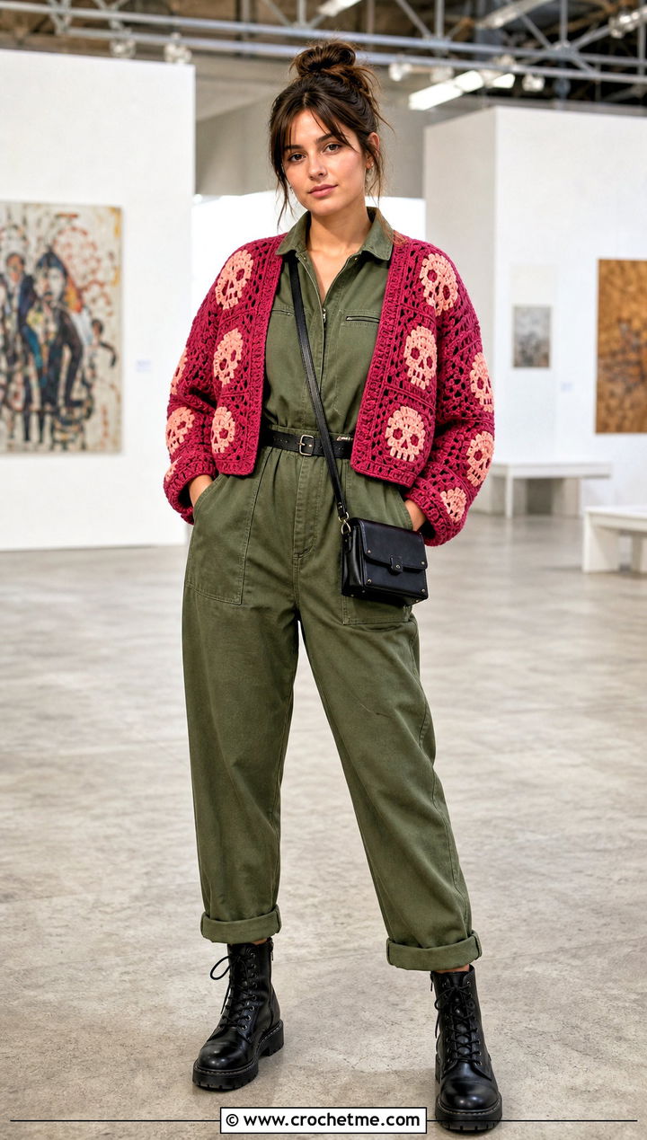 Skull Granny Square Cardigan With Utility Jumpsuit - 30 skull granny square cardigan outfit ideas